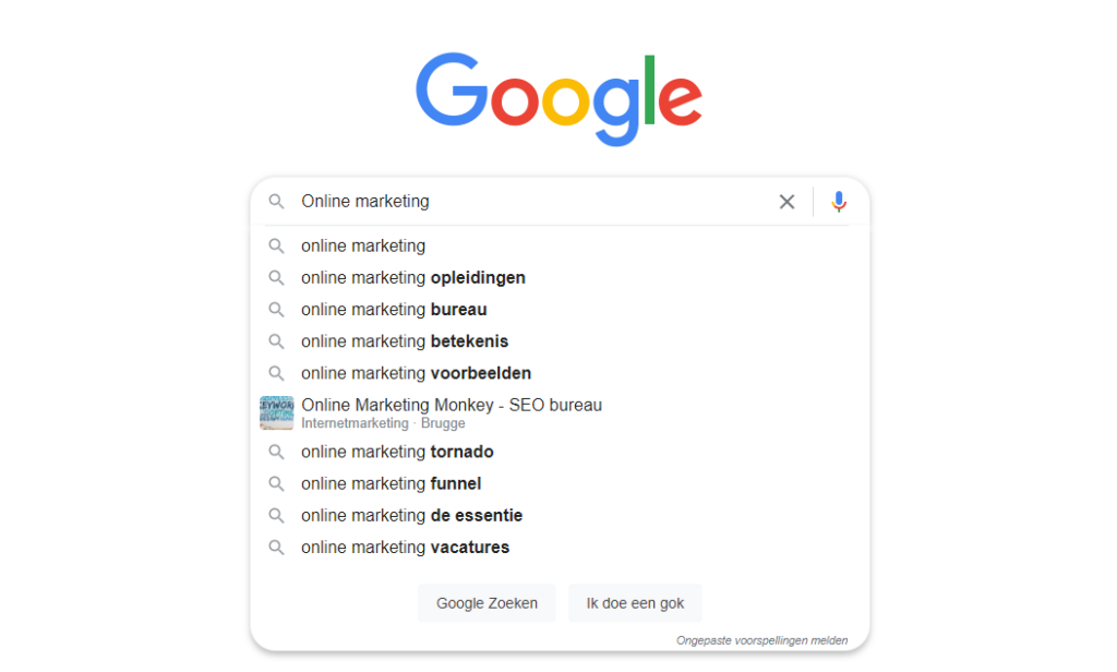 Screenshot van de Google zoekbrowser met zoekterm online marketing